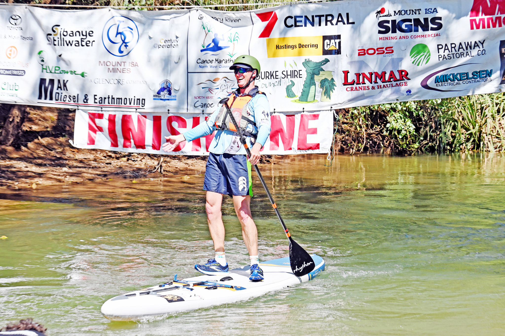 Despite cramping in his legs, Stephen Derrick was able to stand up across the finish line as he completed the 42km course on a SUP.