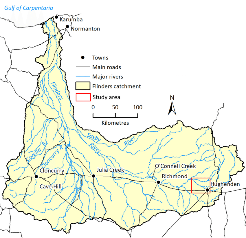 The Flinders River starts north of Hughenden and runs all the way into the Gulf of Carpentaria, near Karumba. It travels through the Flinders, Richmond, McKinlay, Cloncurry and Carpentaria Shires.