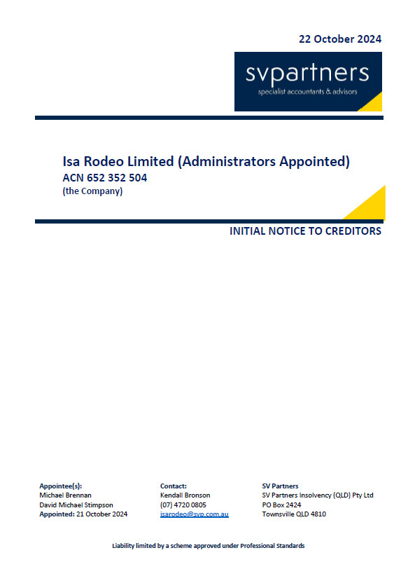 The front page of the SV Partners creditors report, sent out to businesses owed money by Isa Rodeo Ltd.